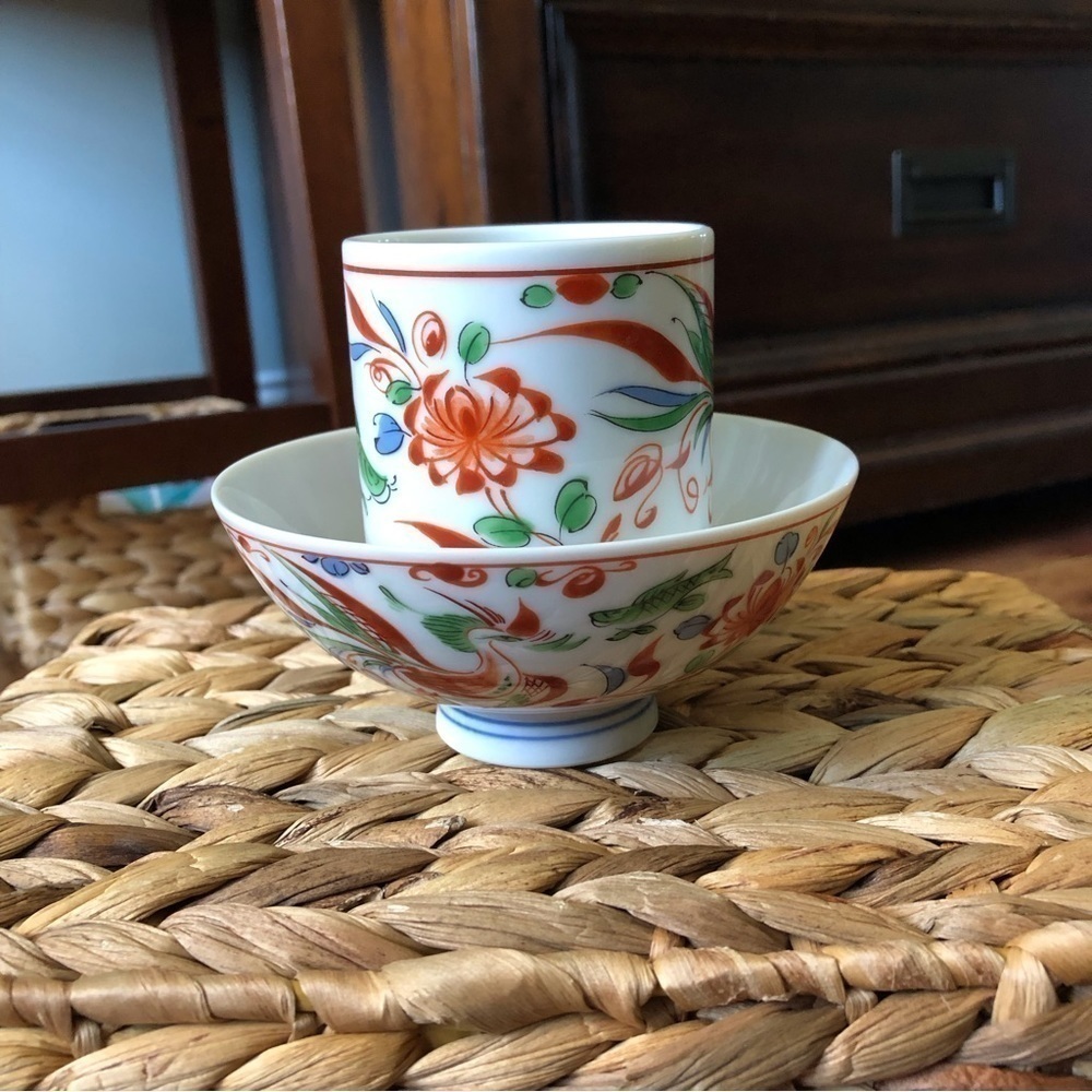 Japanese koi fish ceramic drink and noodle bowl set